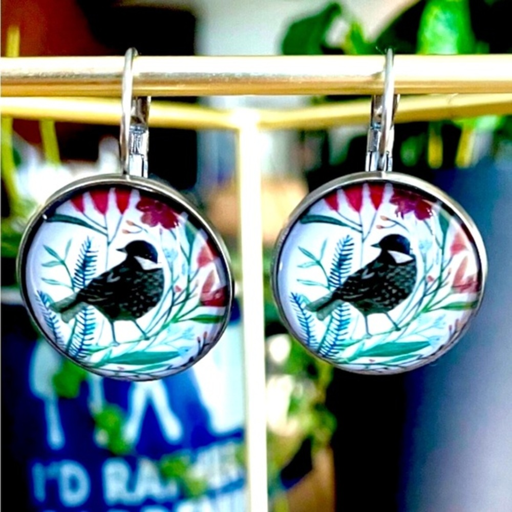 Retro Bird Print Stainless Steel Lever Back Earrings, 20mm, NWT
